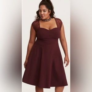 Torrid Burgundy Swing Dress with Polka Dot Mesh Sleeves Size 26